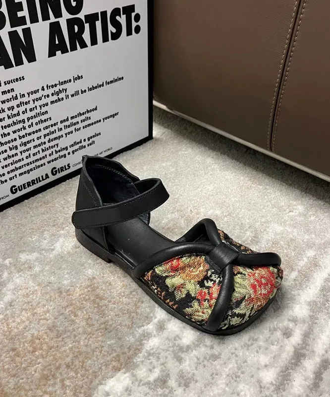 Handmade Vintage Embroidery Walking Sandals Black Cowhide Leather XC1036