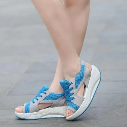 Women peep toe lace up slip on wedge sandals