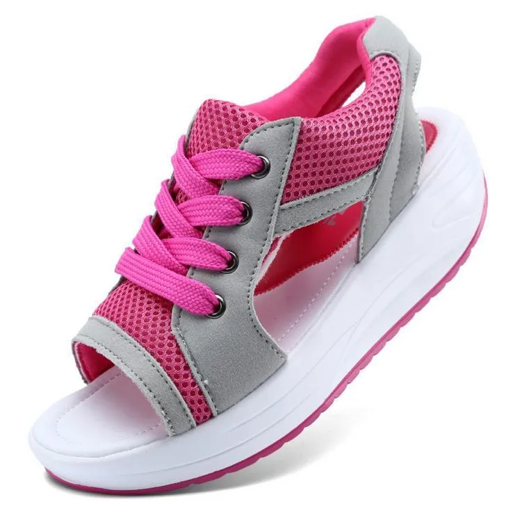 Women peep toe lace up slip on wedge sandals